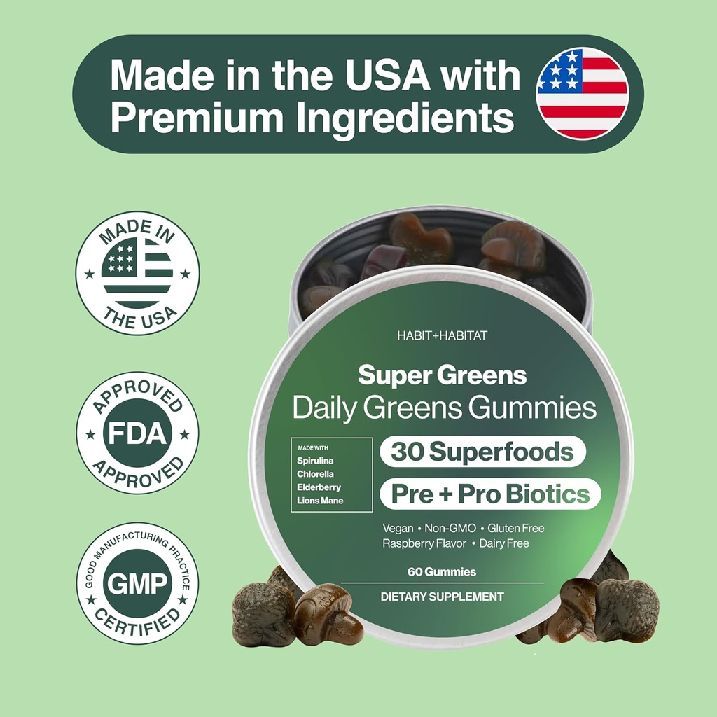 Daily Greens Plus Gummies - Superfood Blend with Chlorella, Spirulina, Beetroot, Lion’s Mane, Ashwagandha & Reishi for Energy, Stress Relief & Wellness - Raspberry Flavored - 60 Count 6