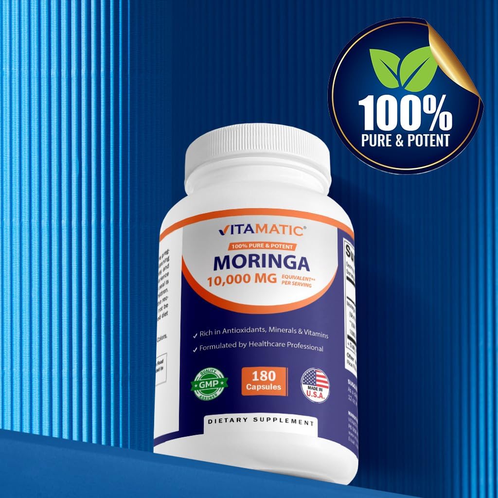 Vitamatic Moringa Capsules 10,000 mg Equivalent Per Serving (from 50:1 Extract 200 mg) - 180 Capsules - Pure Moringa Oleifera Leaf Powder Supplement - Green Superfood - Non-GMO, Made in The USA 6