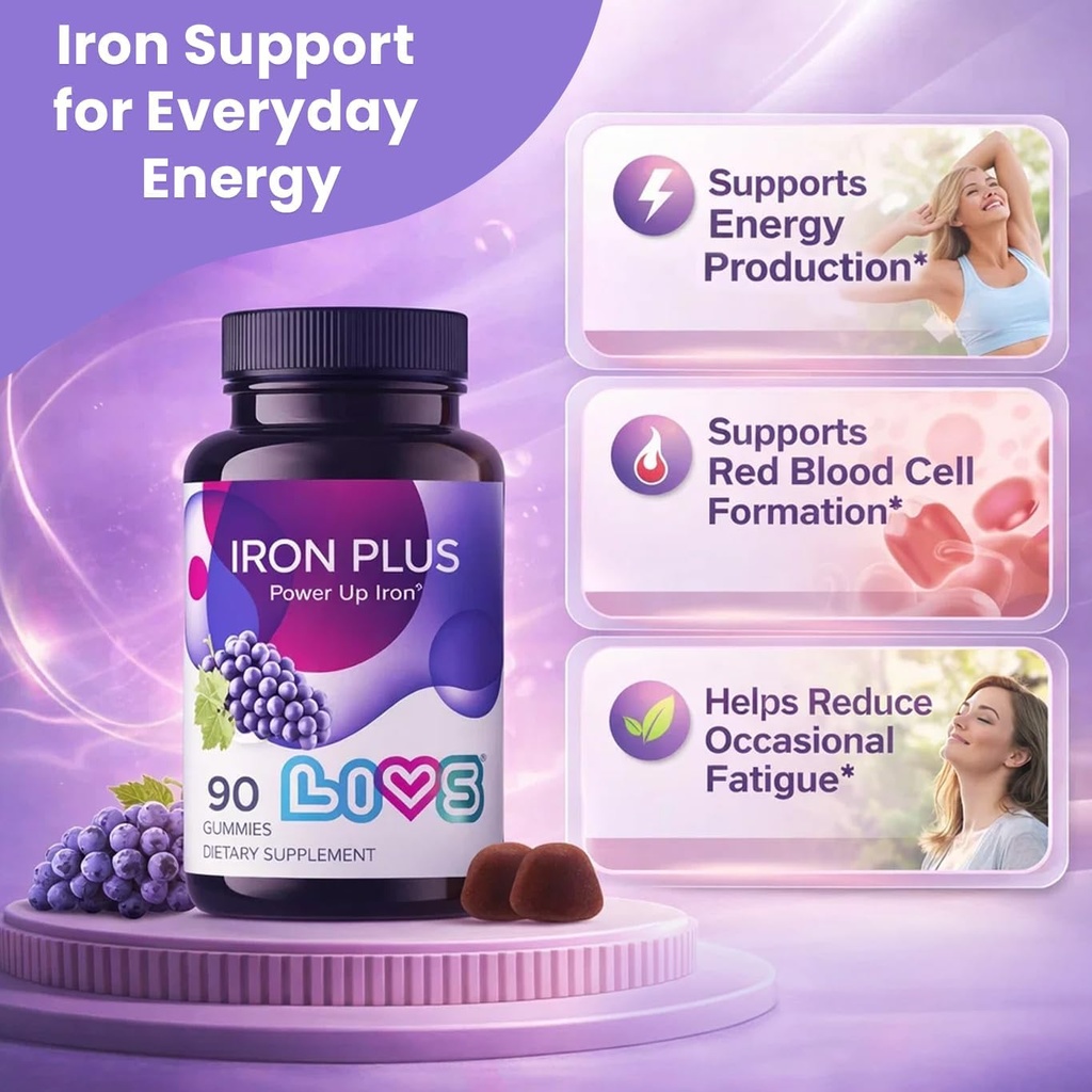 LIVS Iron Supplement for Women & Men with Vitamin C, A, B3, B5, B6, B12, Biotin, Zinc & Folate | Non-GMO, Gluten Free Chewable Supplement as Gummy for Energy Boost & Anemia Support - - 90 Count 3
