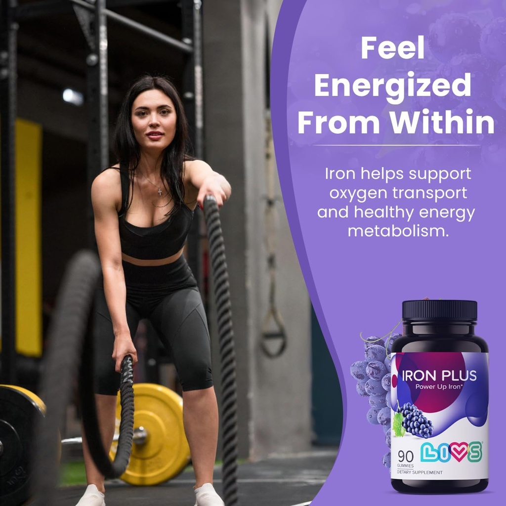 LIVS Iron Supplement for Women & Men with Vitamin C, A, B3, B5, B6, B12, Biotin, Zinc & Folate | Non-GMO, Gluten Free Chewable Supplement as Gummy for Energy Boost & Anemia Support - - 90 Count 4