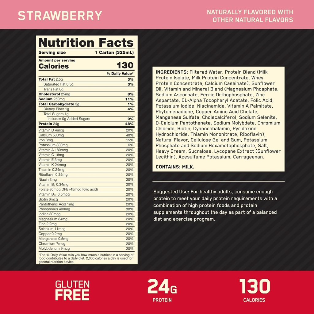 Optimum Nutrition Gold Standard Protein Shake, 24g Protein, Ready to Drink Protein Drinks, Strawberry, 11 Fl Oz, 12 Count (Pack of 1) (Packaging May Vary) 3