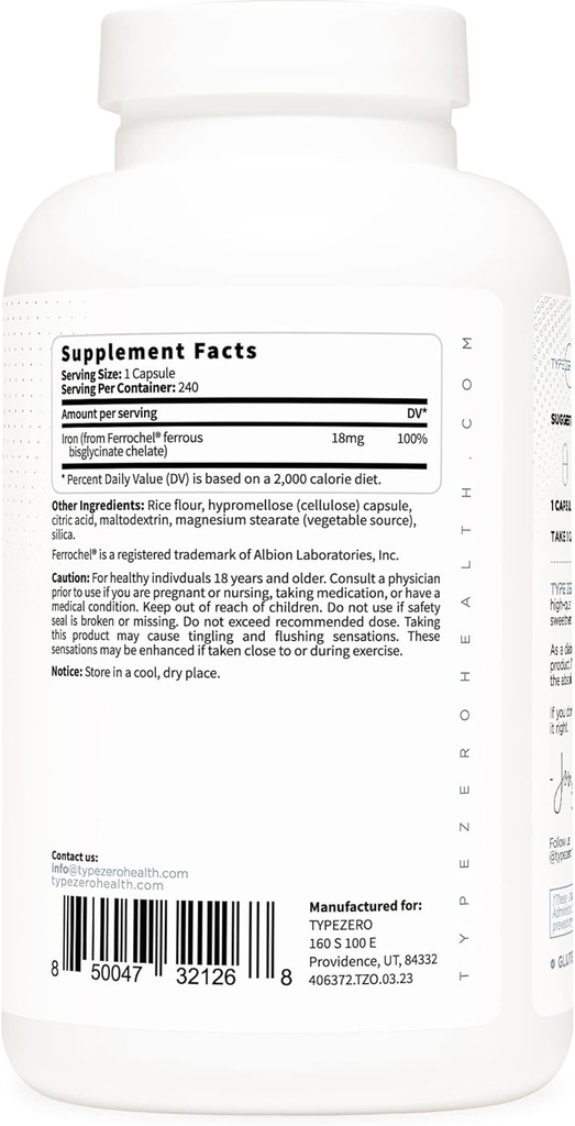 Type Zero Iron Chelate Capsules (18 MG, 240 CAPS) from Ferrochel Ferrous Bisglycinate Chelate - Non-GMO and Gluten Free 5