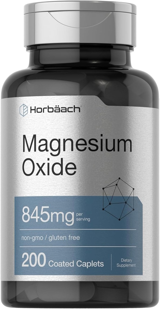 Horbäach Magnesium Oxide | 845 mg | 200 Coated Caplets | Vegetarian, Non-GMO, and Gluten Free Supplement 2