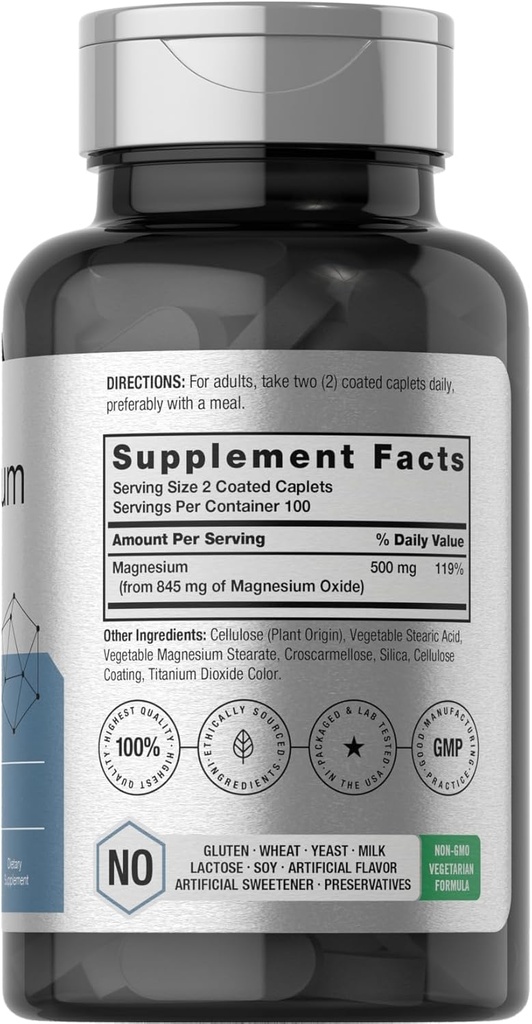 Horbäach Magnesium Oxide | 845 mg | 200 Coated Caplets | Vegetarian, Non-GMO, and Gluten Free Supplement 3
