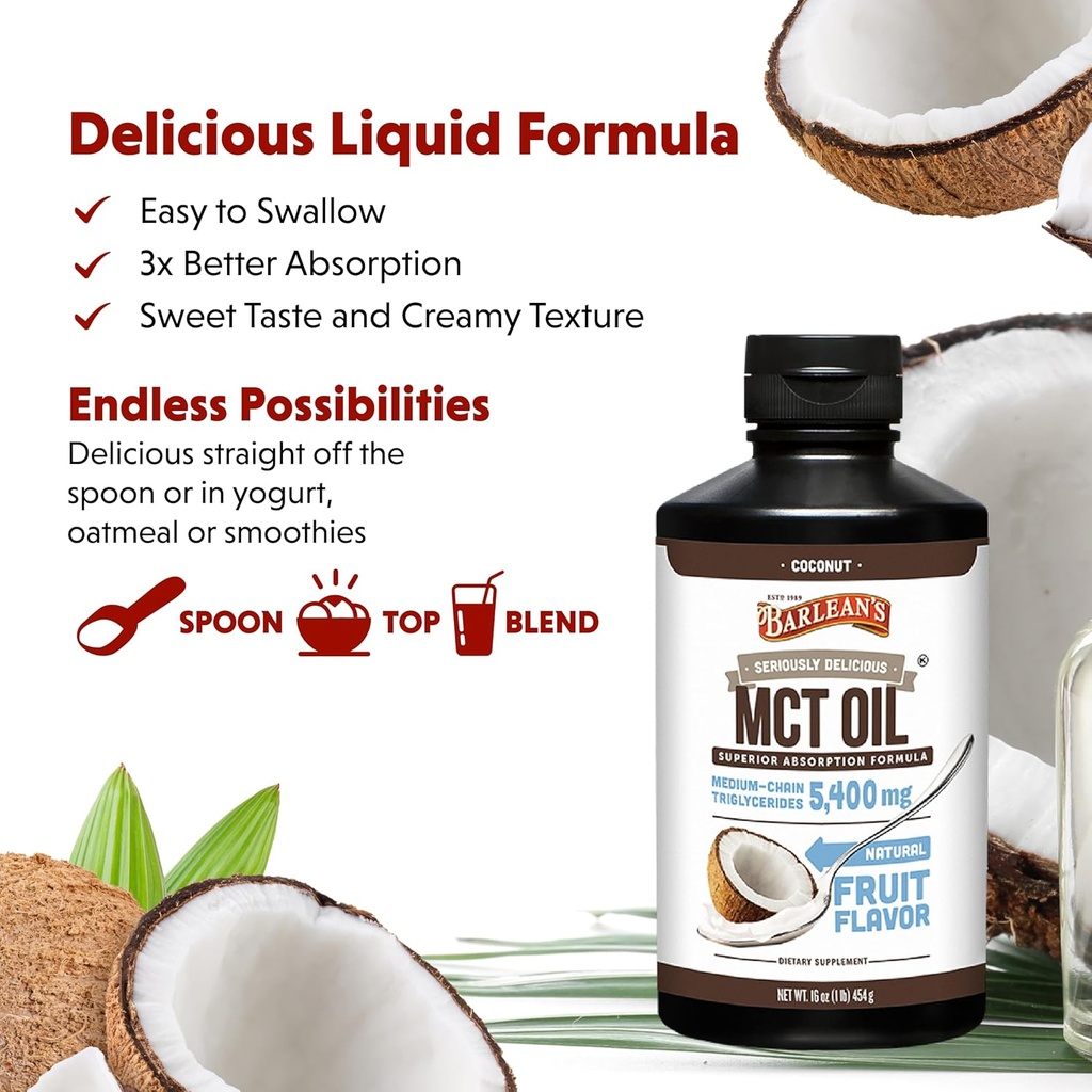 Barlean's MCT Oil Supplement, Coconut Flavored for Keto Coffee, Emulsified Creamy Liquid Syrup with 5,400mg Plant-Based MCT's to Support Energy, Focus and Wellness, 16 oz 5