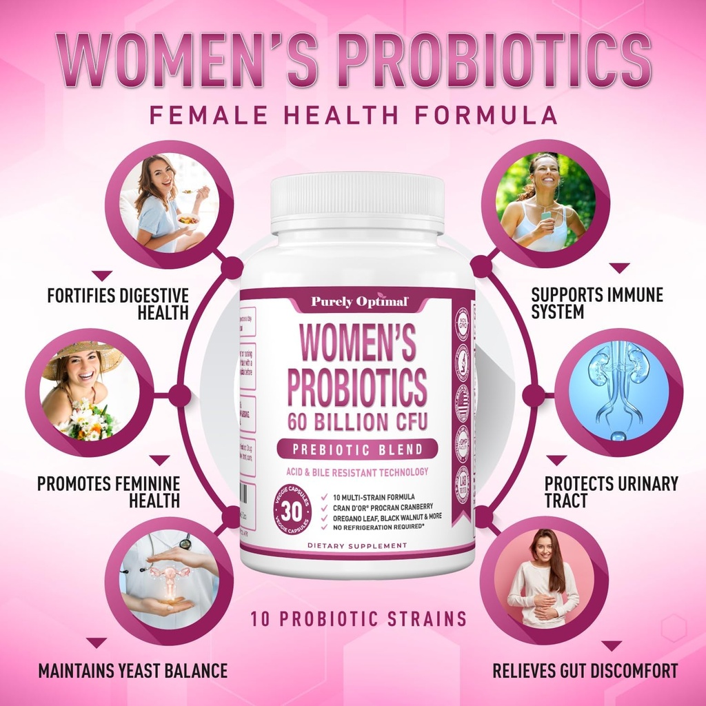 Purely Optimal Women’s Probiotics 60 Billion CFU – Supports Digestive & Vaginal Health, Odor Control, pH Balance – with Prebiotics & Cranberry – Shelf-Stable Probiotics for Women, 30 Capsules 4