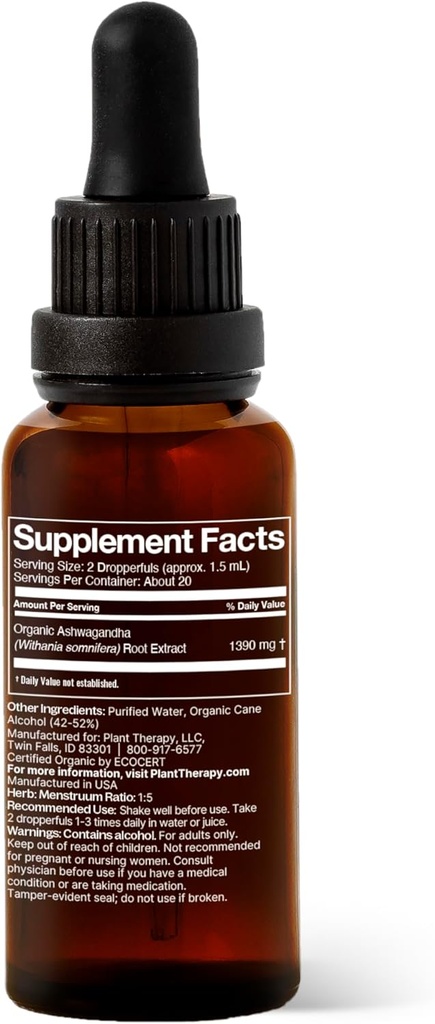 Plant Therapy Organic Ashwagandha Root Herbal Supplement Tincture 30 mL (1 oz) Supports Relaxation, Rejuvenating & Immune Supporting, Vegan, Non GMO, Gluten Free, Liquid, 1 Bottle 3