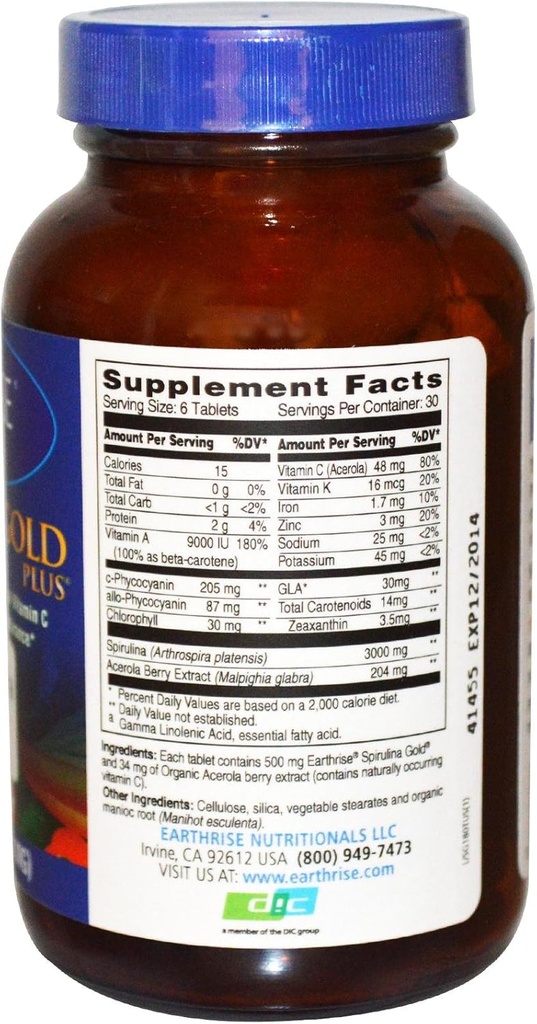 Earthrise Spirulina Gold Plus 500mg Tablet 180 counts, Natural Premium Spirulina from California- Vegan, Gluten Free, Keto Friendly, Non -GMO Super Food high in vitamins & minerals. 3