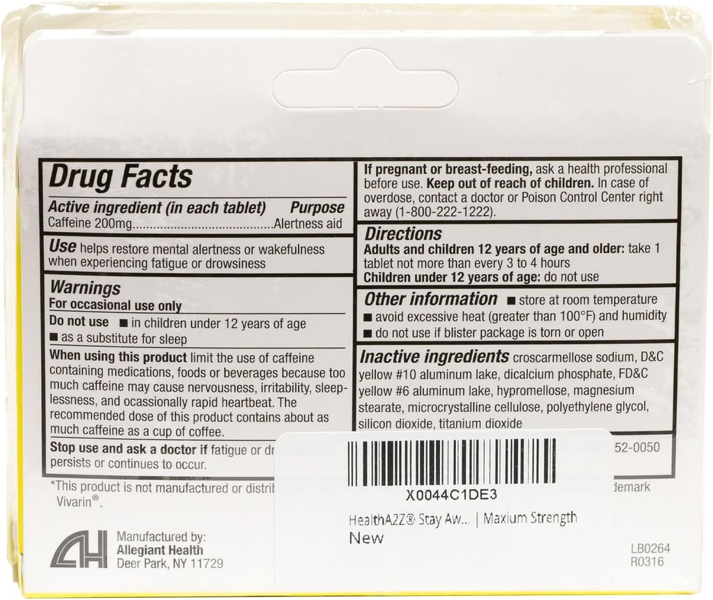 HealthA2Z® Stay Awake | 200 mg Caffeine | Alertness Aid with Caffeine | 3 Packs of 16 Tabelts (48 Tablets Total) | Maxium Strength 4