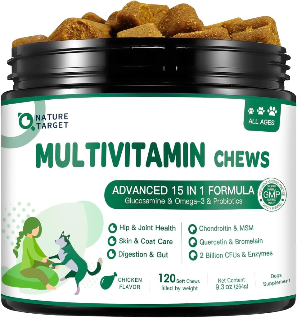 NATURE TARGET Multivitamin for Dogs - with MSM & Glucosamine, Omegas 3 & 6, Probiotics for Digestive Health, Joint Support, Skin & Coat, Immune System & Overall Health 120 Soft Chews 2