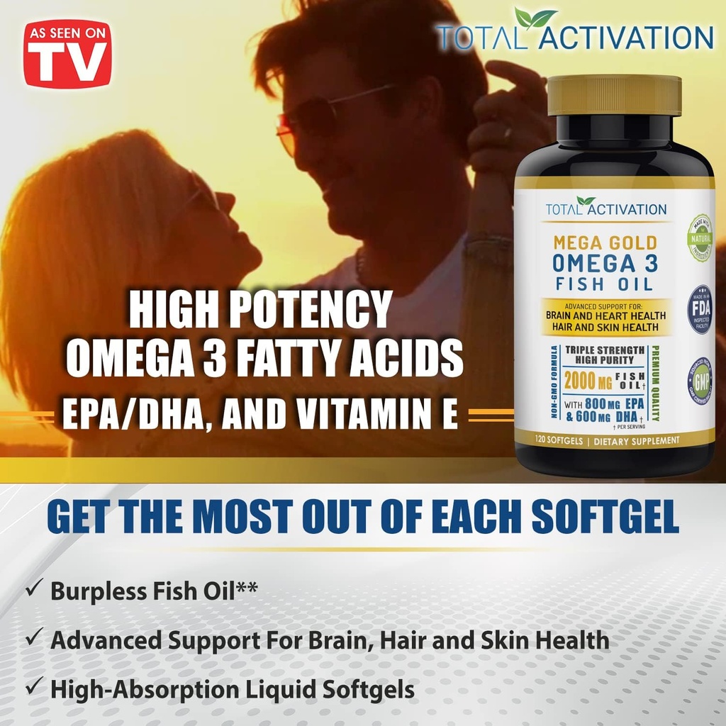 Omega 3 Fish Oil Supplement – 2000mg with EPA DHA & Vitamin E – Burpless, Triple Strength Support for Men & Women – 120 Easy Swallow Softgels 5