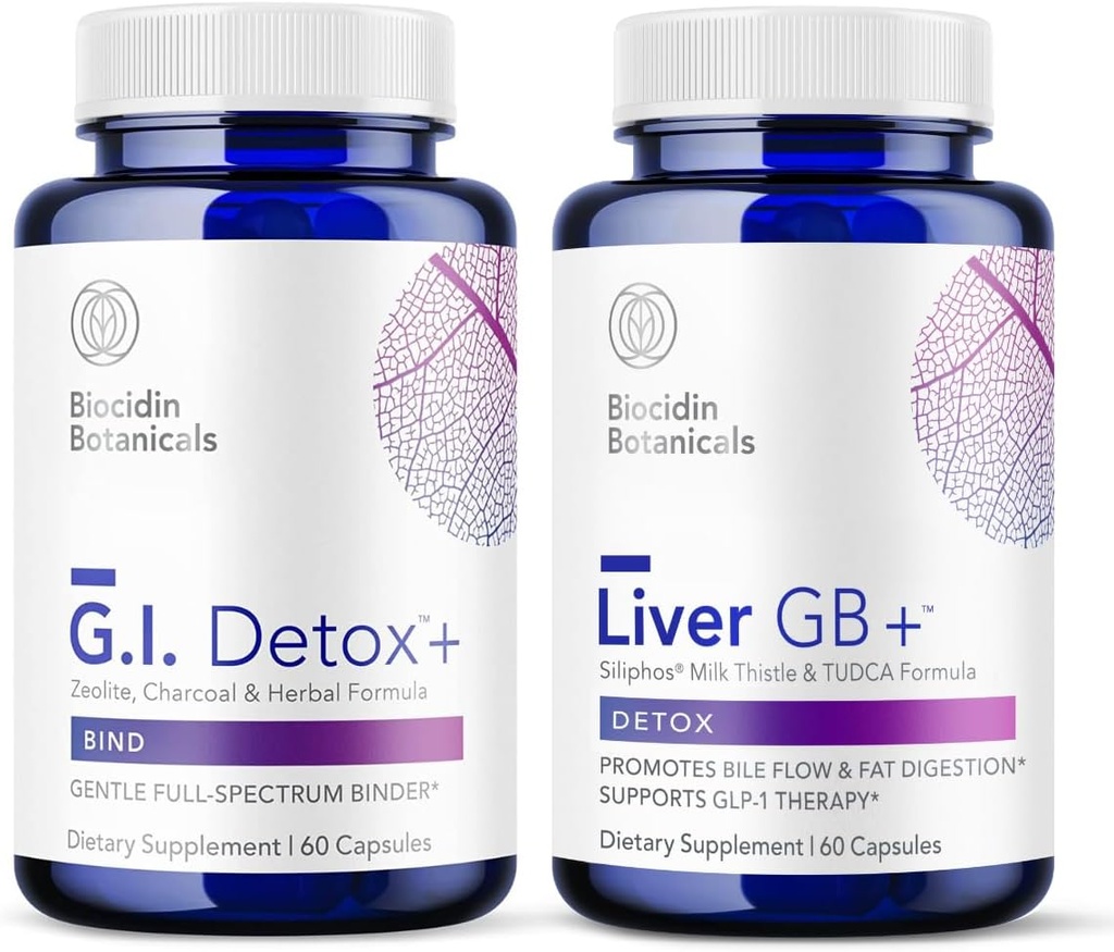 Biocidin G.I. Detox+ Gentle Binder & Liver GB+ Gallbladder Liver Support - Help Optimize Toxin Removal & Fat Digestion - Activated Charcoal, Zeolite, TUDCA & Bitter Herbs (2 Products) 2