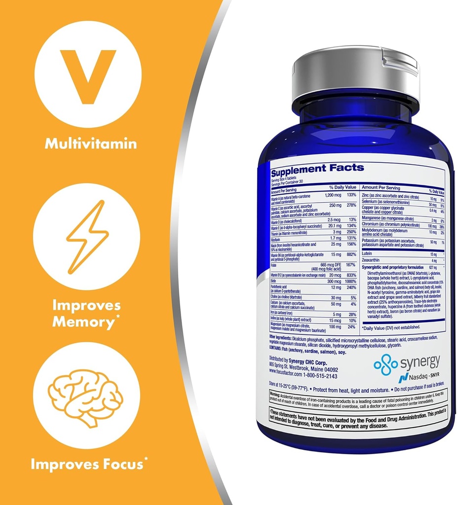 Focus Factor Adults Brain and Vision Supplement, 120 Count - Eye Vitamin, Mineral Supplement & Complete Multivitamin w/Lutein & Zeaxanthin – Brain Supplement for Focus, Concentration, Memory 4