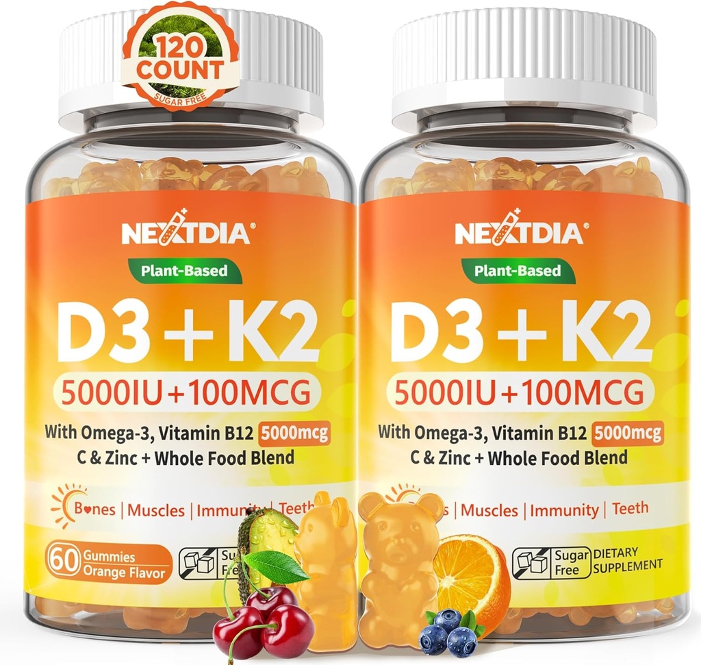 Vitamin D3 K2 Gummies 5000IU / 10,000 IU with Omega-3 250mg + K2(MK-7) 100mcg - 5X Absorption Than Standard D3K2,with Vitamin C, Zinc,and 5 Organic Vegetables,Supports Bone & Teeth Strength, Immune 2