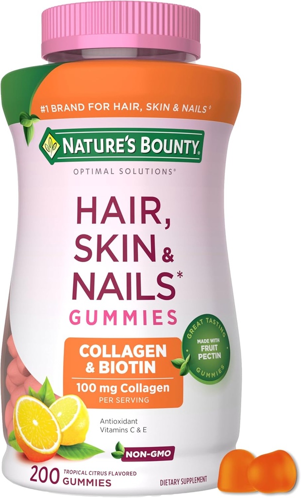 Nature's Bounty Optimal Solutions Hair, Skin and Nails Collagen Pectin Gummies, 100 mg Collagen and 2,500 mcg Biotin Per Serving, No Stick Gummy, Tropical Citrus Flavor, 200 ct, 100 Total Servings 2