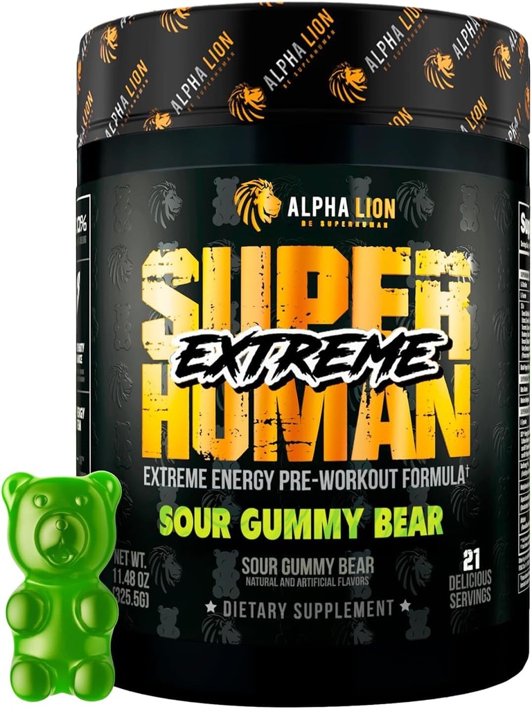 ALPHA LION Superhuman Extreme High Stim Pre Workout Powder, Beta Alanine, L-Taurine & 356mg Tri-Source Caffeine for Sustained Energy, Nitric Oxide & Citrulline for Pump (21 Servings, Sour Gummy Bear) 2