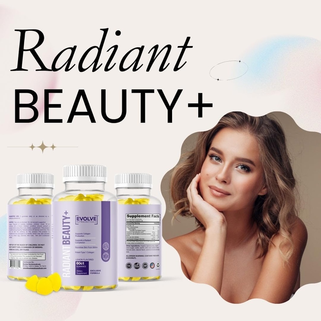Radiant Beauty+ 200mg Hydrolyzed Collagen Gummy, Hair Skin and Nails, Biotin 2500mcg, Vitamin C, Vitamin E, Lemon Drop Flavor, 60 Count 3