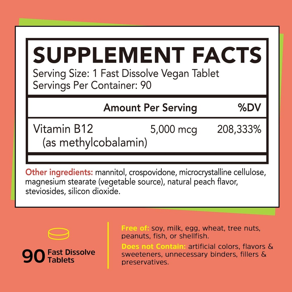 Gutcha Vitamin B12 5000 mcg, Bioactive Methylcobalamin, for Nerve, Heart, Brain Health & Energy Production, Non GMO, No Sugar, No Gluten, Natural Peach Flavor, 90 Vegan & Fast Dissolve Tablets 3