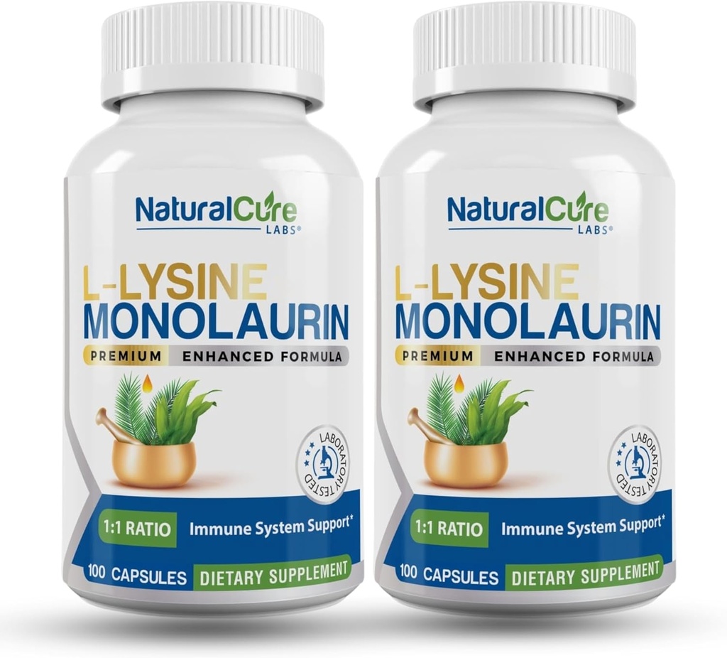 Natural Cure Labs L-Lysine + Monolaurin 600mg 1:1 Ratio, 2 Pack, 200 Capsules 2