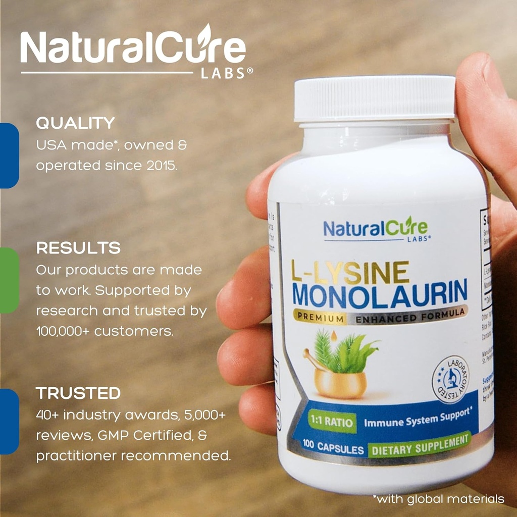 Natural Cure Labs L-Lysine + Monolaurin 600mg 1:1 Ratio, 2 Pack, 200 Capsules 3