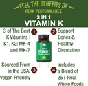 Vitamin K with Whole Food Blend of 25+ Vegetables and Fruits for Max Absorption. Vegan Capsules Supplement. Vitamins K1, K-2 MK4 + K2 Natto MK7. Alternative to Drops, Gummies. VIT K with K 2 and MK-7 3