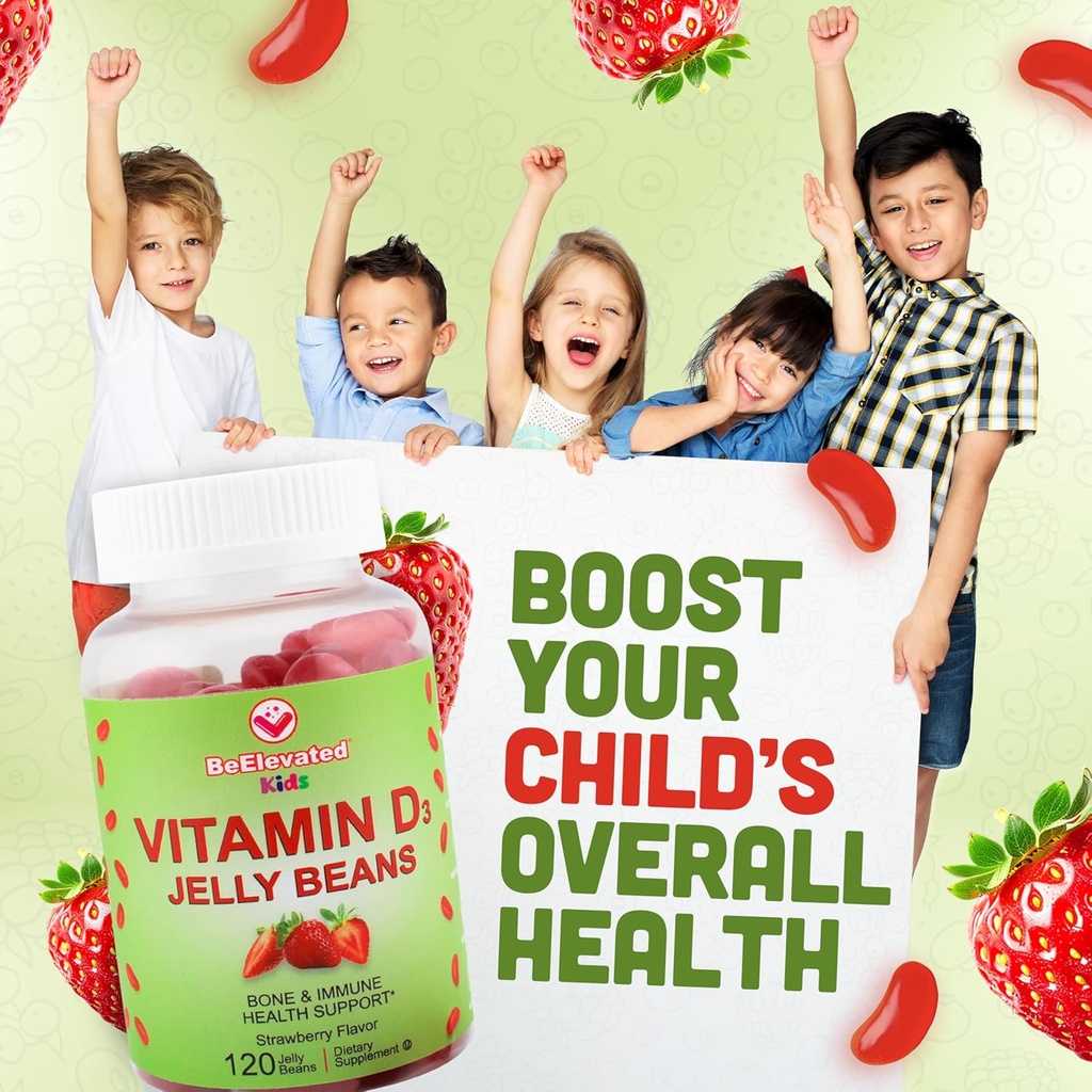 Vitamin D3 Jelly Beans - Chewable Vitamins Gummies for Kids Immune Support - Multivitamin Supplements for Bone & Joint Support - 2,000 IU Vegetarian Gummy - 120 Strawberry Flavor Beans 5