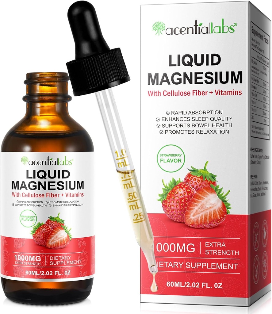 Magnesium Glycinate Liquid Drop, 1000MG Magnesium Glycinate, Riched in Vitamin B6, C, D, Zinc for Supporting Night, Energy, Muscle -Strawberry Flavor, 2 Fl Oz/60 ML 2