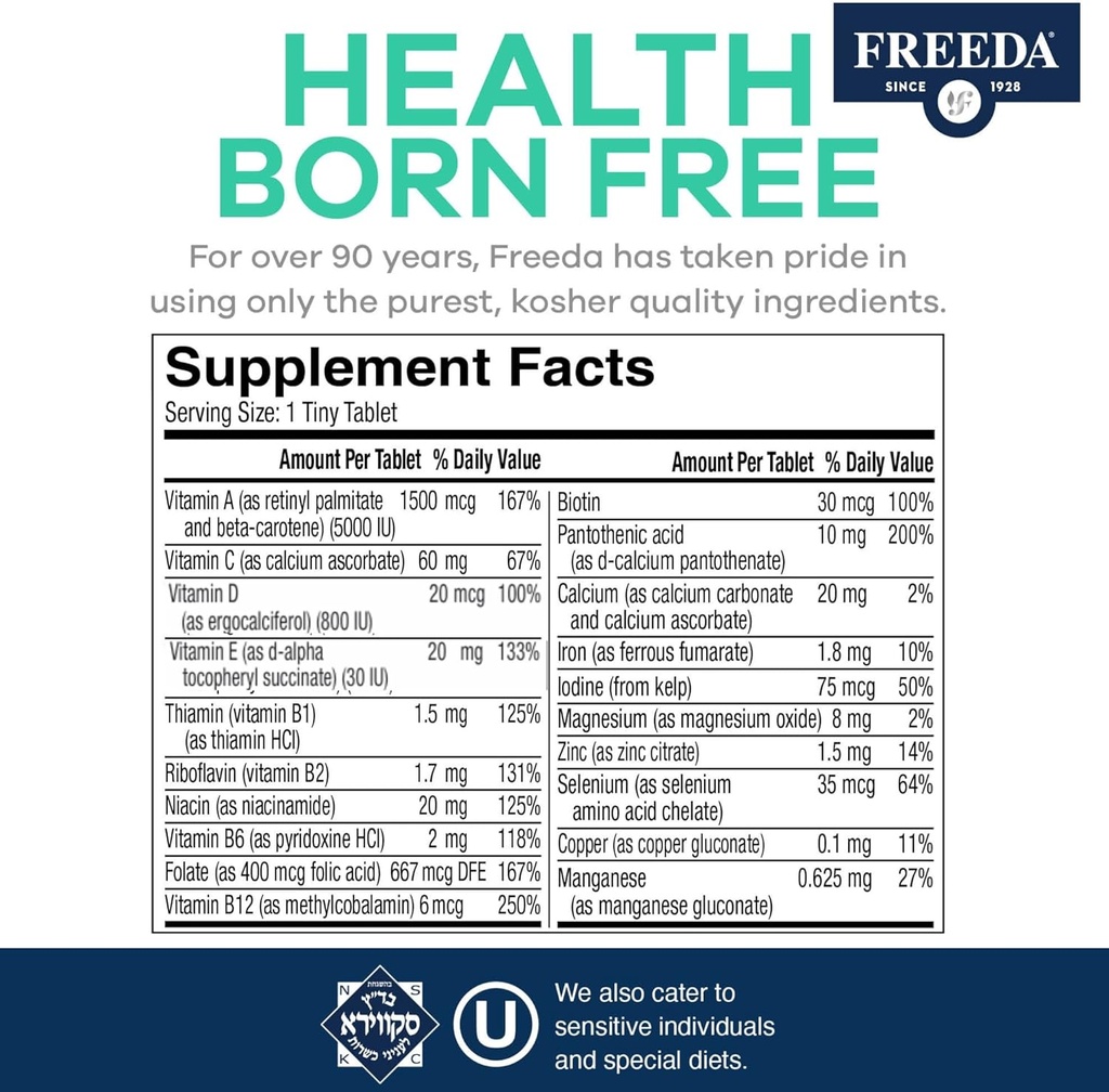 Freedavite Tiny Tablet - Moderate Multivitamin for Men and Women - Vitamin A, C, D, E, B1, B2, B6, B12, Biotin, Calcium, Zinc, Iron, Magnesium, Manganese, Copper, Selenium, Iodine - 100 Count 6