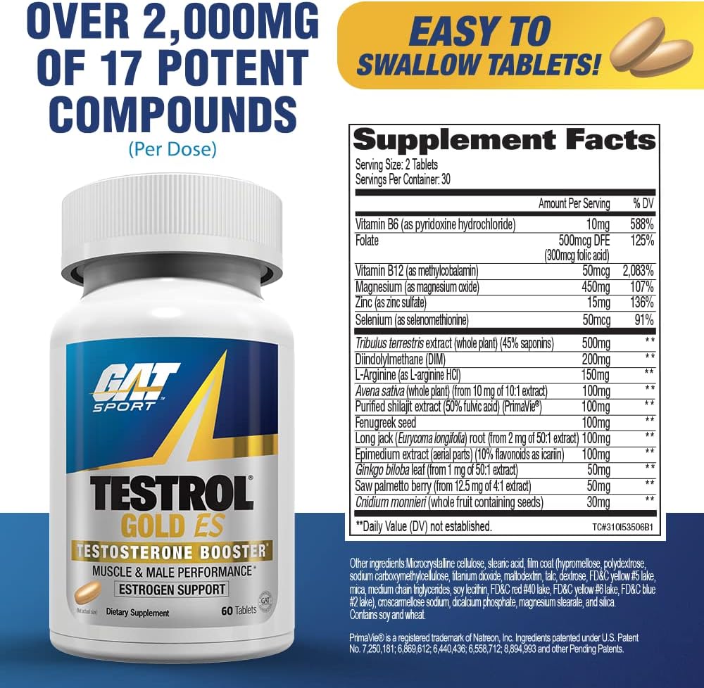GAT SPORT Testrol Gold ES, Tribulus, DIM, Zinc, Longjack, Fenugreek, Saw Palmetto, Estrogen Balance, 60 Tablets 3