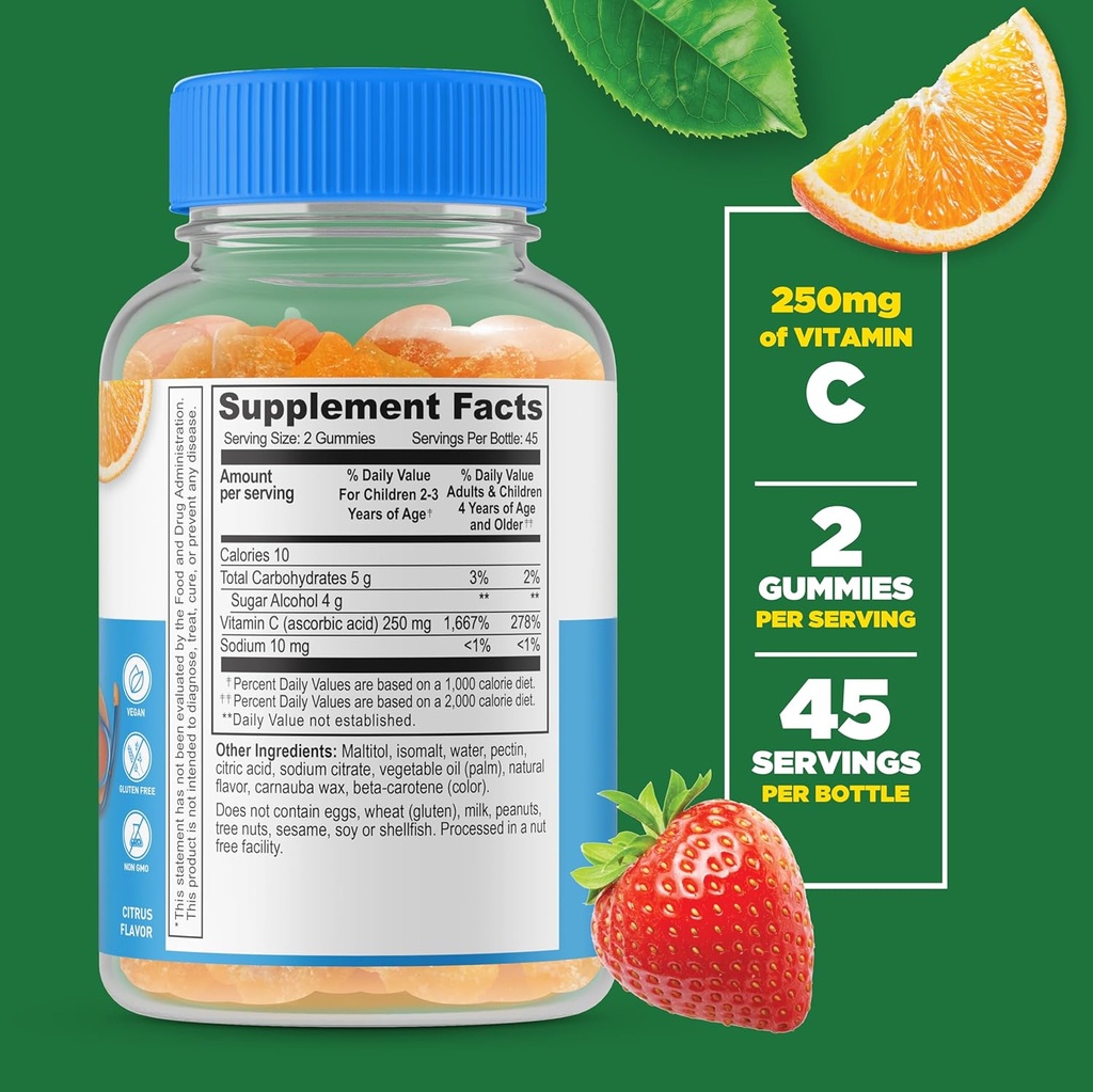 Lifeable Sugar Free Vitamin C for Kids – 250 mg – Great Tasting Natural Flavor Gummy Supplement – Vegetarian GMO-Free Chewable Vitamin – for Immune Support – for Children – 90 Gummies 3