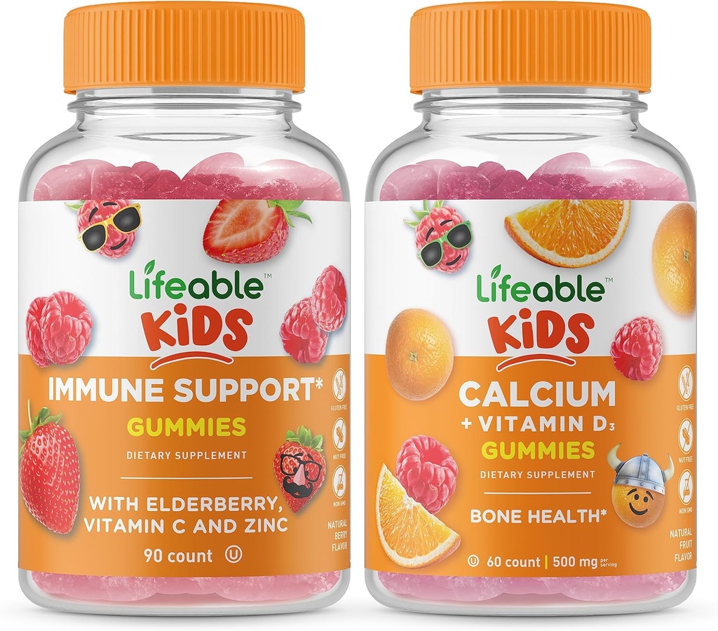 Lifeable Immune Support Kids + Calcium with Vitamin D Kids, Gummies Bundle - Great Tasting, Vitamin Supplement, Gluten Free, GMO Free, Chewable Gummy 2