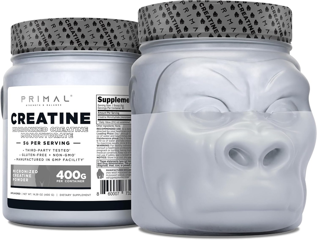 Primal Creatine Monohydrate Powder (400 Grams) | Unflavored Micronized Creatine Muscle Development Supplement for Pre-Workout & Recovery | 5g Creatine Monohydrate per Serving 2