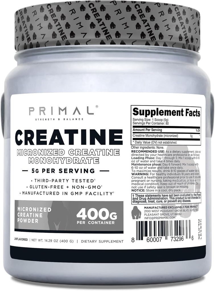 Primal Creatine Monohydrate Powder (400 Grams) | Unflavored Micronized Creatine Muscle Development Supplement for Pre-Workout & Recovery | 5g Creatine Monohydrate per Serving 3