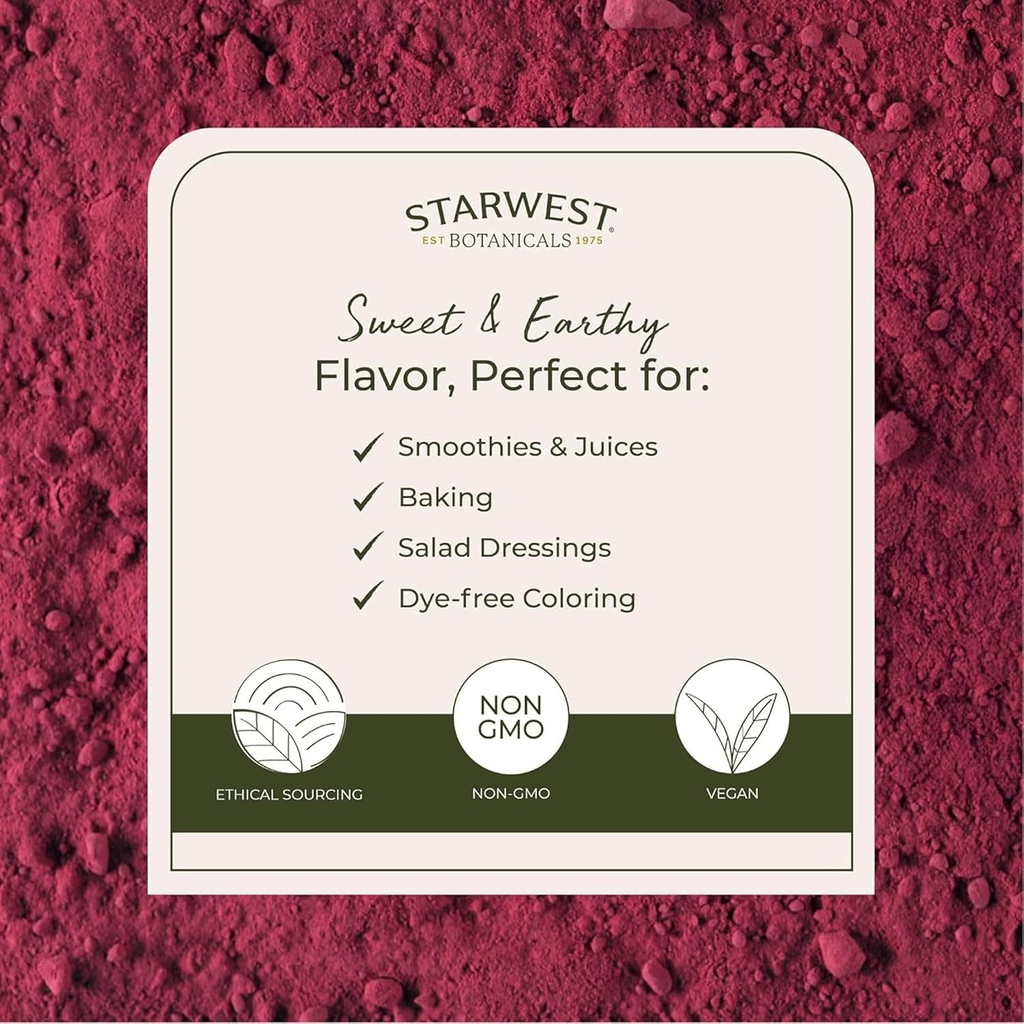Starwest Botanicals Organic Beet Root Powder for Men & Women - Use for Juice, Smoothies, & Tea, Natural Energy Support, Ground Beet Root, Certified Kosher, Non-GMO - Bulk 1 lb Bag 4