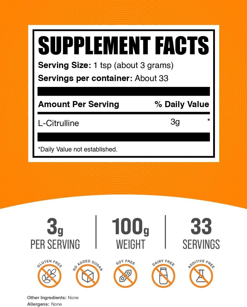 BulkSupplements.com L-Citrulline Powder - Citrulline Supplement, Nitric Oxide Supplement - Unflavored & Gluten Free - 3g per Servings, 100g (3.5 oz) (Pack of 1) 3