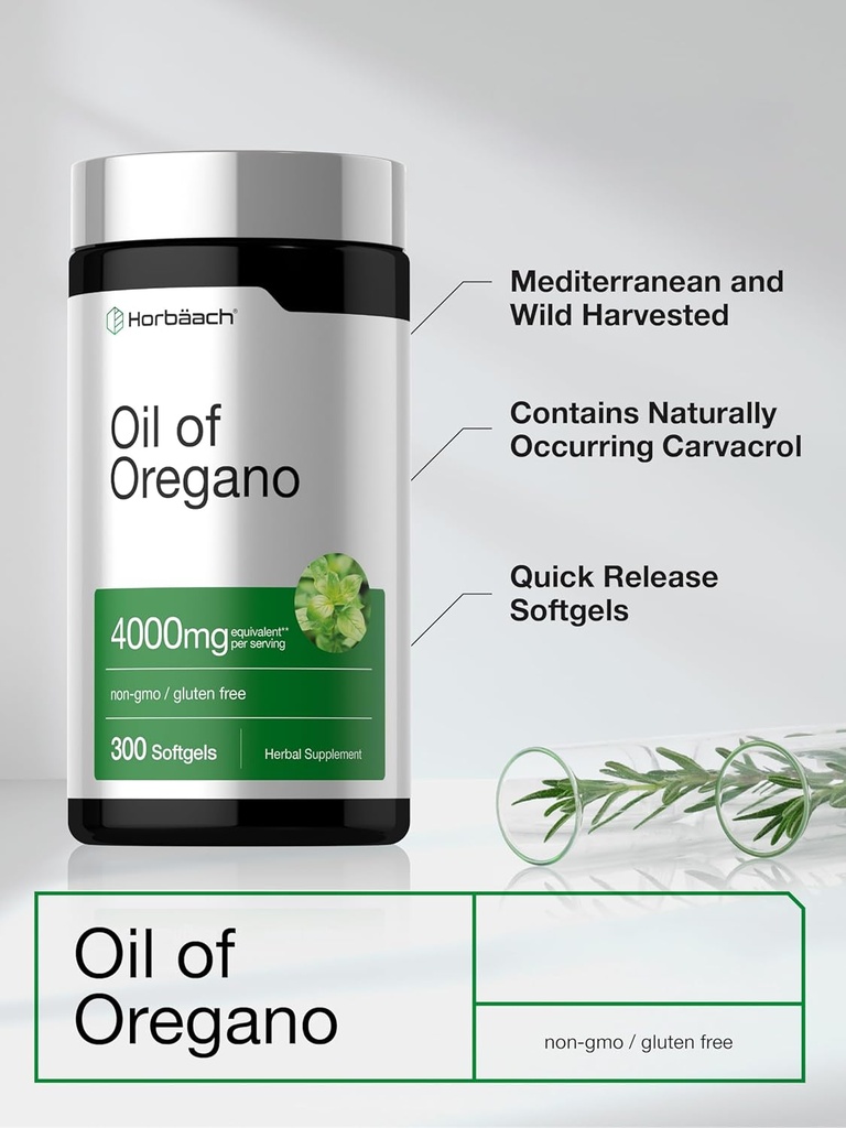 Horbäach Oregano Oil | 4000mg | 300 Softgel Capsules | Naturally Occurring Carvacrol Pills | Non-GMO and Gluten Free Extract Supplement 5