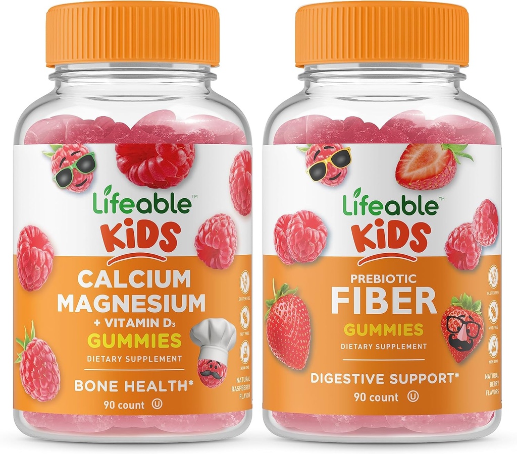 Lifeable Calcium Magnesium Kids + Prebiotic Fiber Kids, Gummies Bundle - Great Tasting, Vitamin Supplement, Gluten Free, GMO Free, Chewable Gummy 2