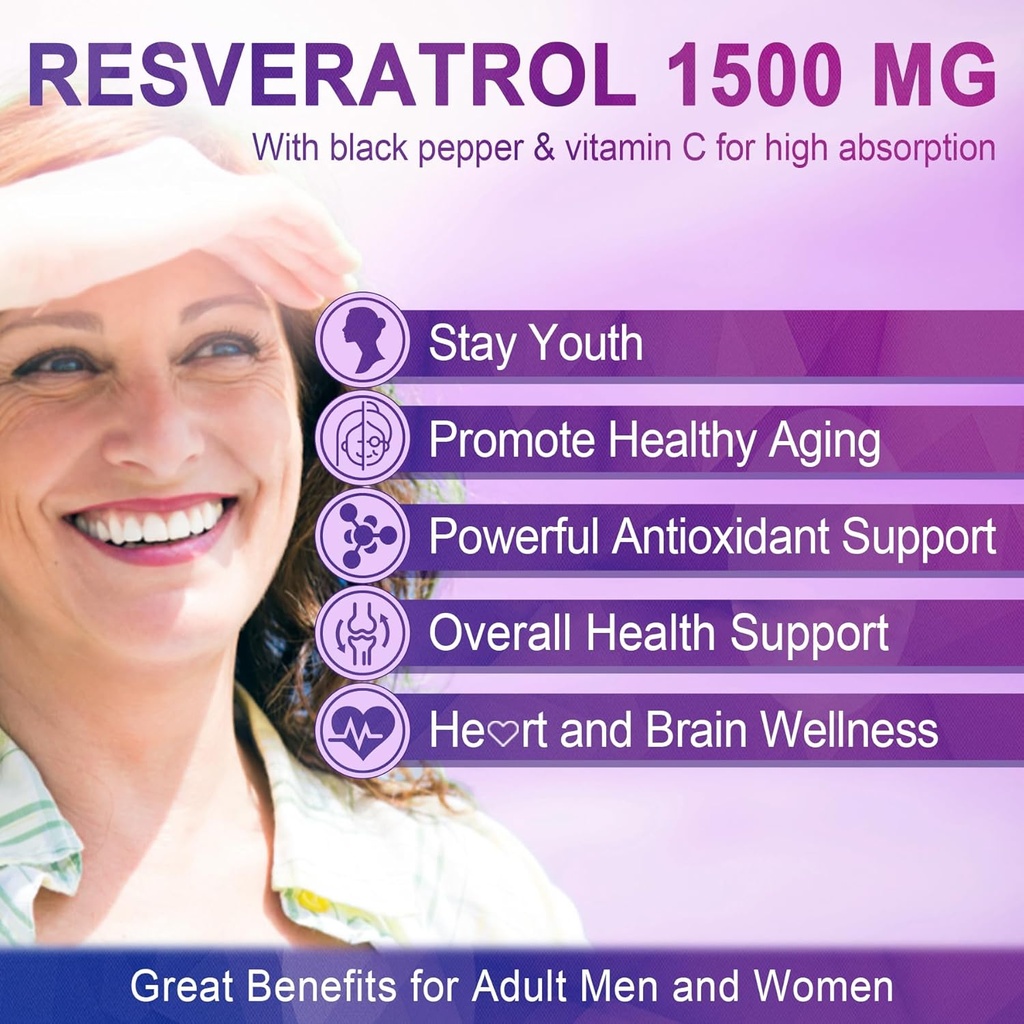 Resveratrol Supplement 1500mg - Resveratrol Gummies Supports NAD⁺, NMN & NMNH Synergy, with Quercetin, Grape Seed, Acai Berries Extracts for Antioxidant, Healthy Aging & longevity, Skin, Brain - 2Pcs 6