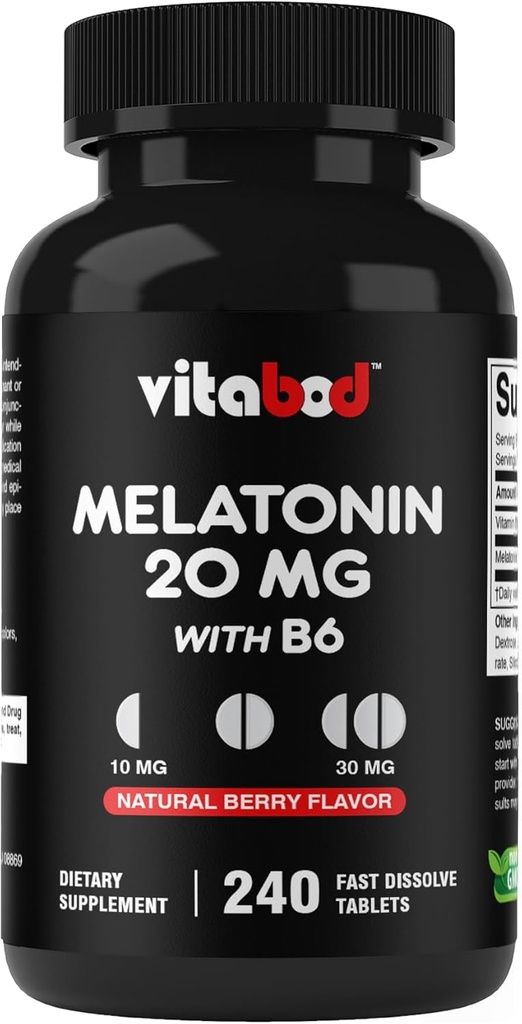 Melatonin 20 mg - 240 Fast Dissolve Tablets - Drug Free - Natural Berry Flavor - Vegetarian, Non-GMO, Gluten Free 240 Count (Pack of 1) (240 Count (Pack of 1)) 2
