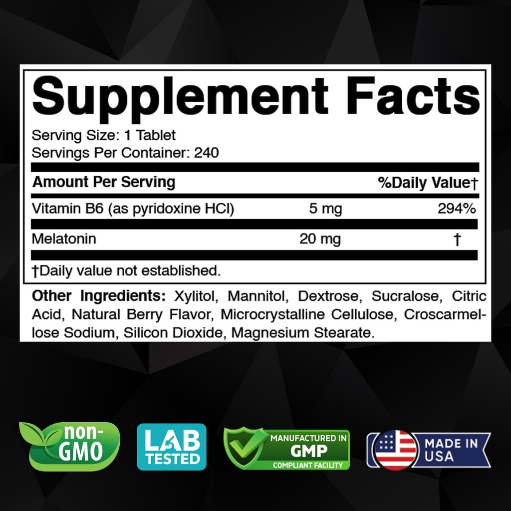 Melatonin 20 mg - 240 Fast Dissolve Tablets - Drug Free - Natural Berry Flavor - Vegetarian, Non-GMO, Gluten Free 240 Count (Pack of 1) (240 Count (Pack of 1)) 3