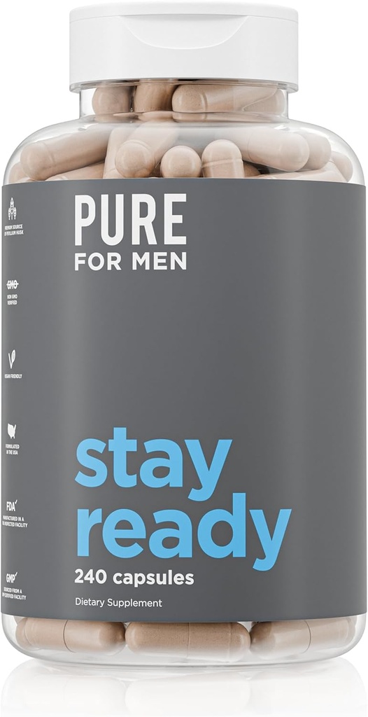 Pure for Men Original Cleanliness Stay Ready Fiber Supplement | Helps Promote Digestive Regularity | Psyllium Husk, Aloe Vera, Chia Seeds, Flaxseeds | Proprietary Formula | 240 Vegan Capsules 2