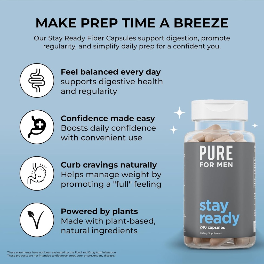 Pure for Men Original Cleanliness Stay Ready Fiber Supplement | Helps Promote Digestive Regularity | Psyllium Husk, Aloe Vera, Chia Seeds, Flaxseeds | Proprietary Formula | 240 Vegan Capsules 5