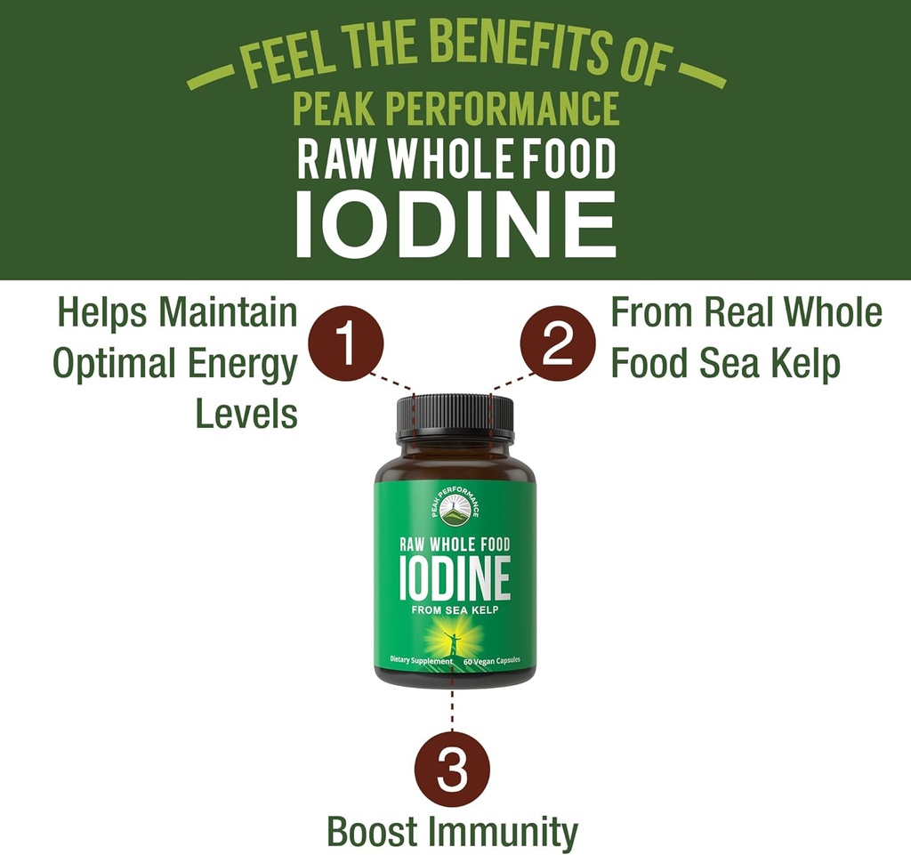 Raw Whole Food Iodine Supplement from Organic Kelp (Ascophyllum Nodosum) by Peak Performance. Potassium Iodide Support Tablets. for Metabolism, Energy, and Immune. 120 Vegan Capsules, Pills. 3