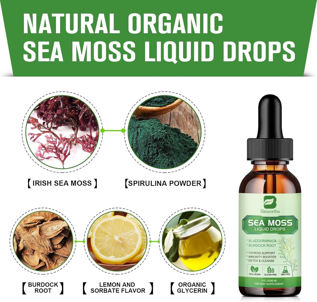 Sea Moss Liquid Drops - Organic Irish Sea Moss Gel with Spirulina, Bladderwrack, Burdock Root, Seamoss Gel Supplement for Joint, Detox Cleanse & Digestion Support - 2 Fl Oz, Vegan 3