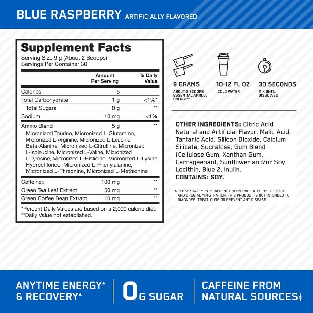Optimum Nutrition Amino Energy - Pre Workout with Green Tea, BCAA, Amino Acids, Keto Friendly, Green Coffee Extract, Energy Powder - Blue Raspberry, 30 Servings (Packaging May Vary) 4