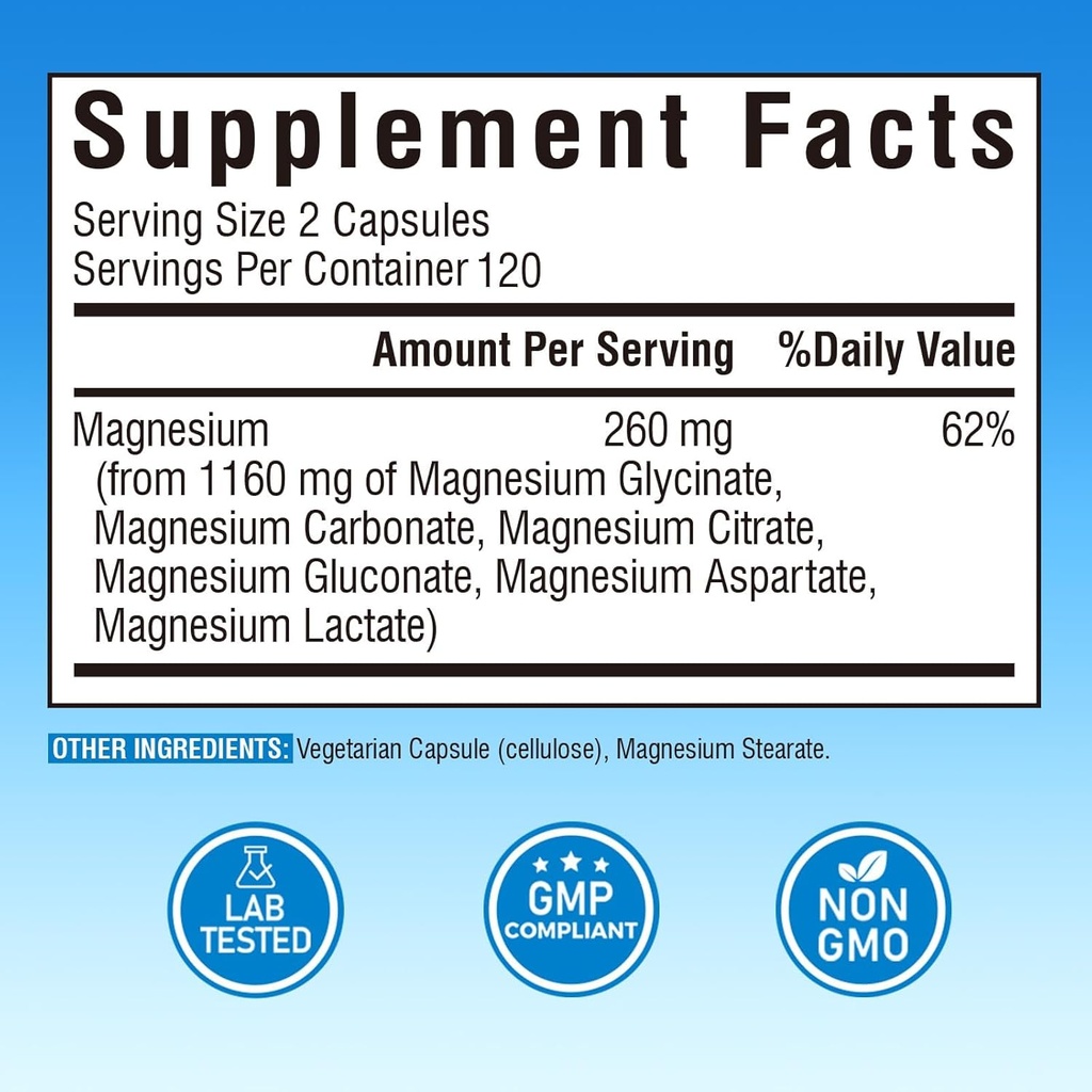 Magnesium Complex Supplement 6 in 1, 1160mg Chelated Magnesium for Max Absorption, Help with Better Sleep, Relaxation & Nerve Calm, 240 Vegan Capsules, Non GMO & Gluten Free 6