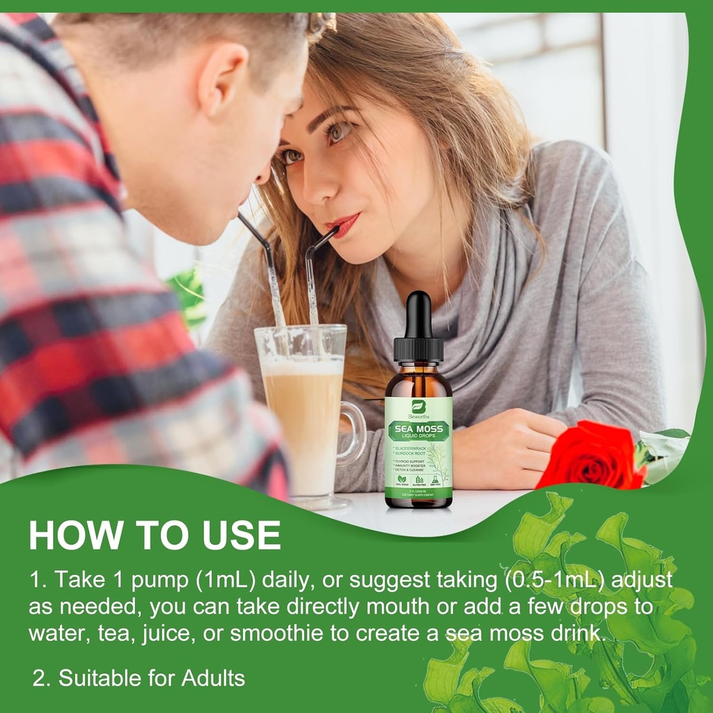Sea Moss Liquid Drops - Organic Irish Sea Moss Gel with Spirulina, Bladderwrack, Burdock Root, Seamoss Gel Supplement for Joint, Detox Cleanse & Digestion Support - 2 Fl Oz, Vegan 6