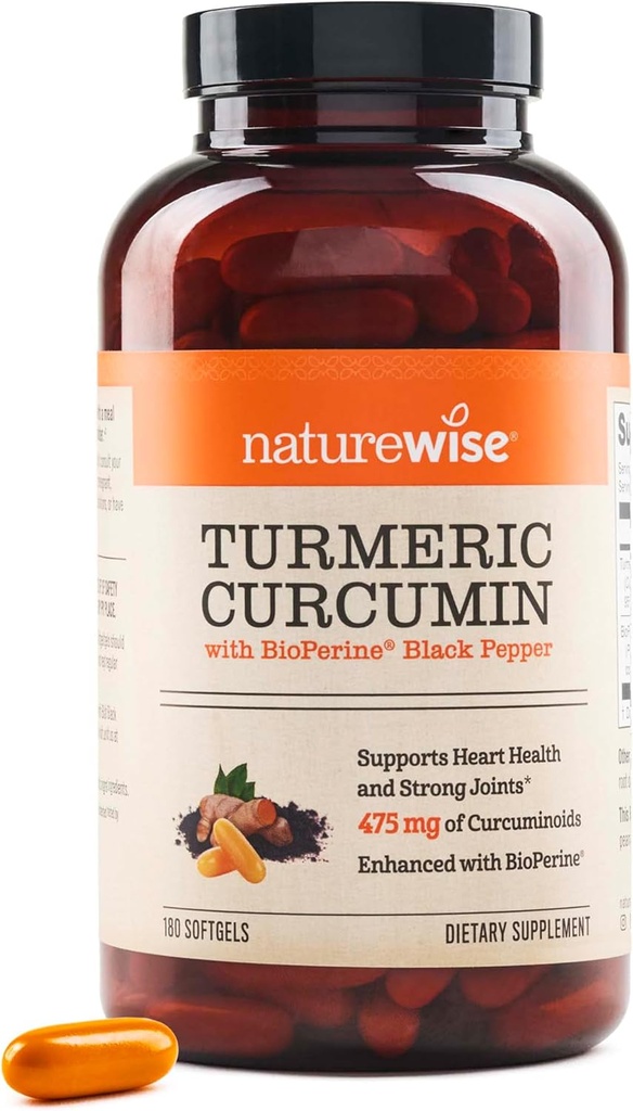 NatureWise Turmeric Curcumin 500mg with Black Pepper Softgels - Extra Strength, Enhanced Absorption - 95% Curcuminoids & BioPerine for Immune Support - Gluten-Free, Non-GMO - 180 Count[6-Month Supply] 2