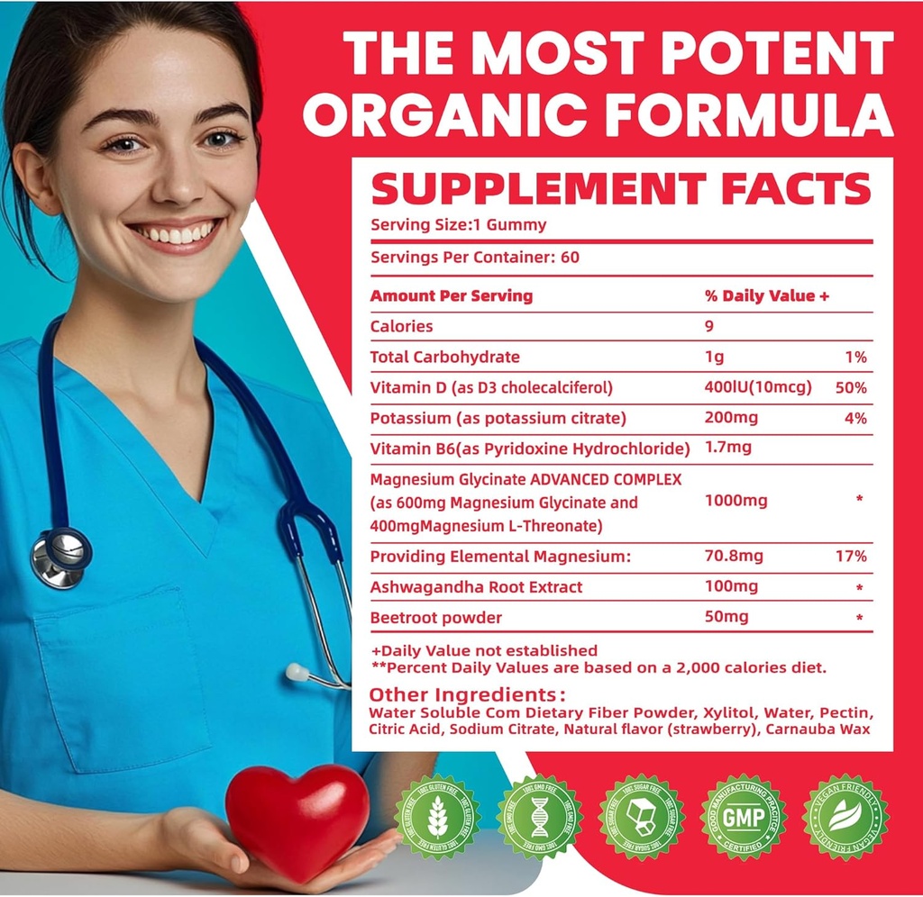 Potassium Magnesium Gummies,Potassium Supplement w/Ashwagandha,High Absorption Magnesium Glycinate,B6,D3,Potassium Citrate,Electroyte for Adults Kids,Sugar-Free, 60 Strawberry Chews 3