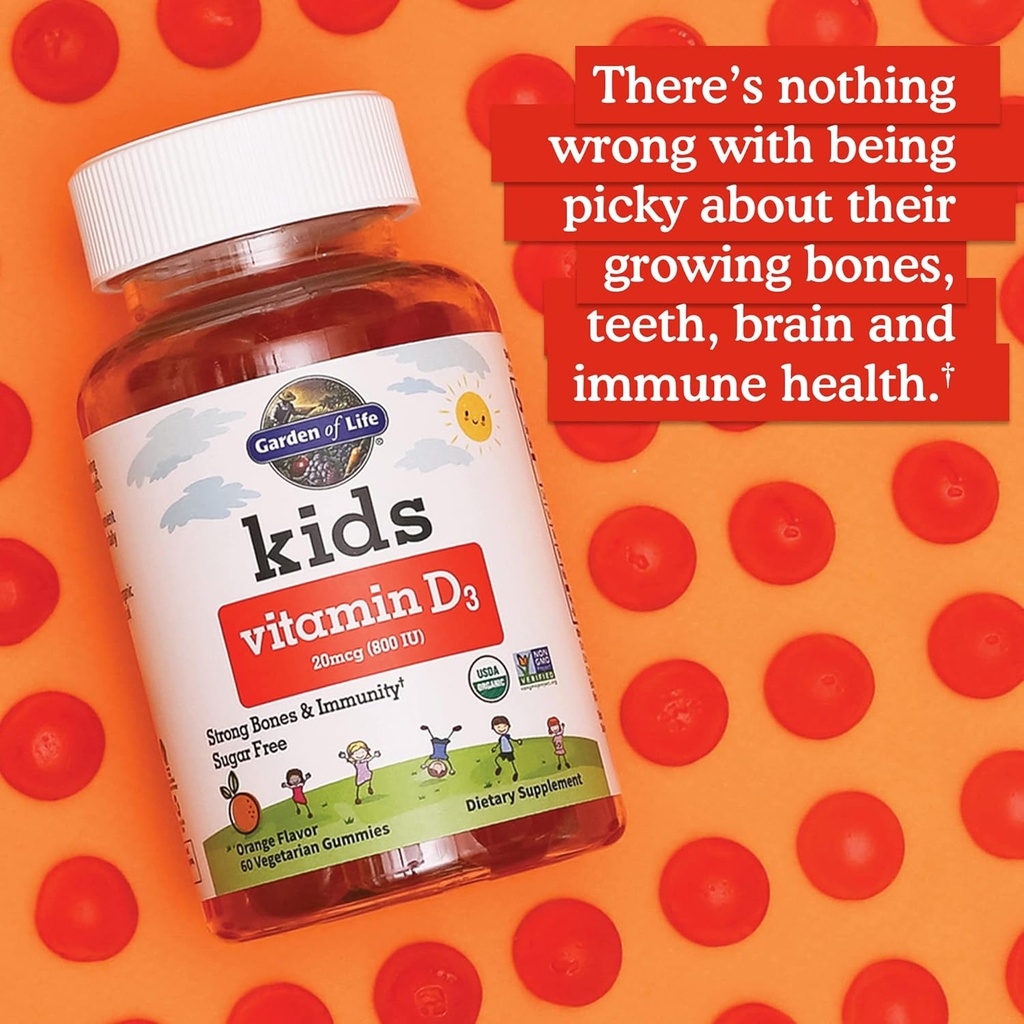 Garden of Life Kids Organic Vitamin D3 Gummies with 800 IU (100% Daily Value) for Strong Bones, Teeth, Brain & Immunity – Non-GMO, No Gluten, Vegetarian, Sugar Free, Orange Flavor, 60 Servings 3